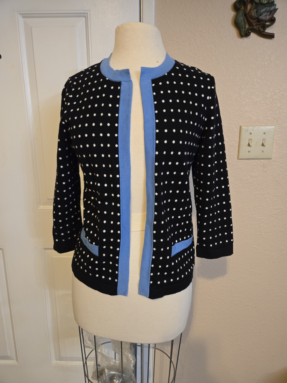 Talbots Navy Polka Dot Cardigan 3/4 Sleeve with Light Blue Trim Size S